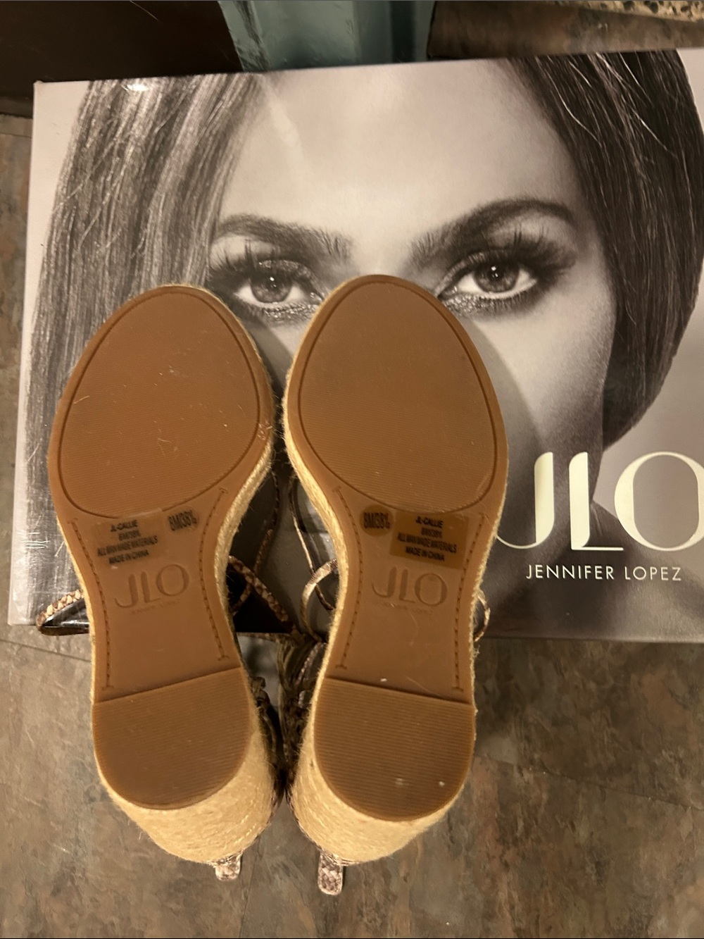 Jennifer Lopez Taupe Snake-Print Wedge Sandals with Jute Platform - Picture 12 of 16